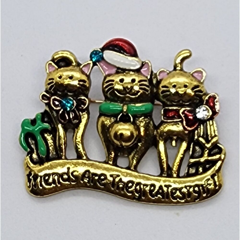 Friends are the Greatest Gift Cat Christmas Brooch Enamel & Rhinestone Cat Trio